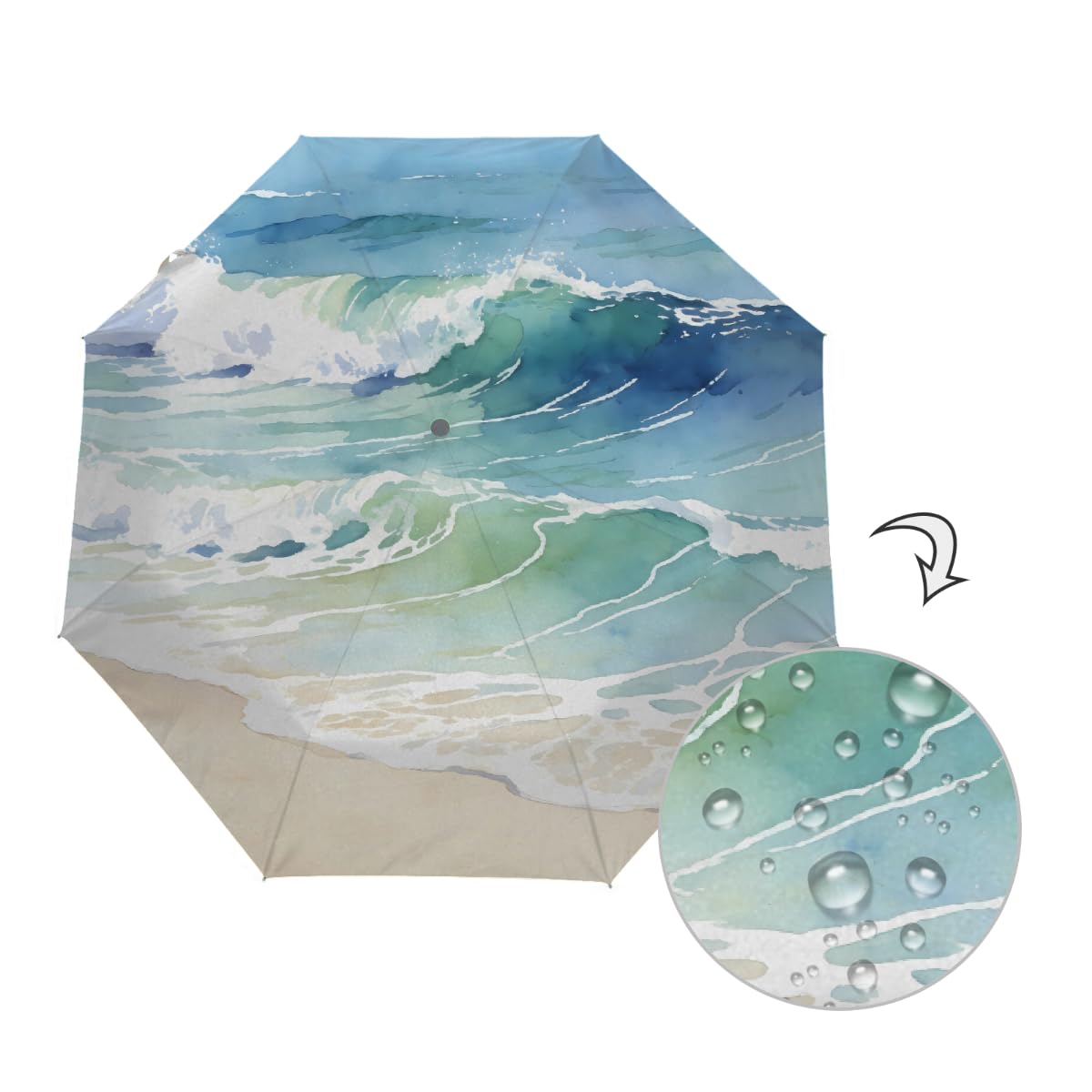 Ombrello pieghevole con motivo oceano ad acquerello ombrello da viaggio compatto antivento impermeabile con protezione UV rivestimento nero leggero 8 coste portatile per pioggia sole