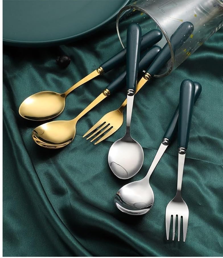 Silverware Flatware Set, 1/4/6/8/10 Pieces Dark Green Handle Round Spoon Household Stainless Steel Dessert Spoon Coffee Spoon Stirring Spoon (Color : Gold, Size : 8Pcs)
