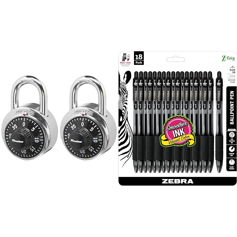 Master Lock Locker Locks, Combination Locks for Gym and School Lockers, 2 Pack, Black & Zebra Pen Z-Grip Retractable Ballpoint Pen, Medium Point, 1.0mm, Black Ink, 18 Count (Pack of 1)