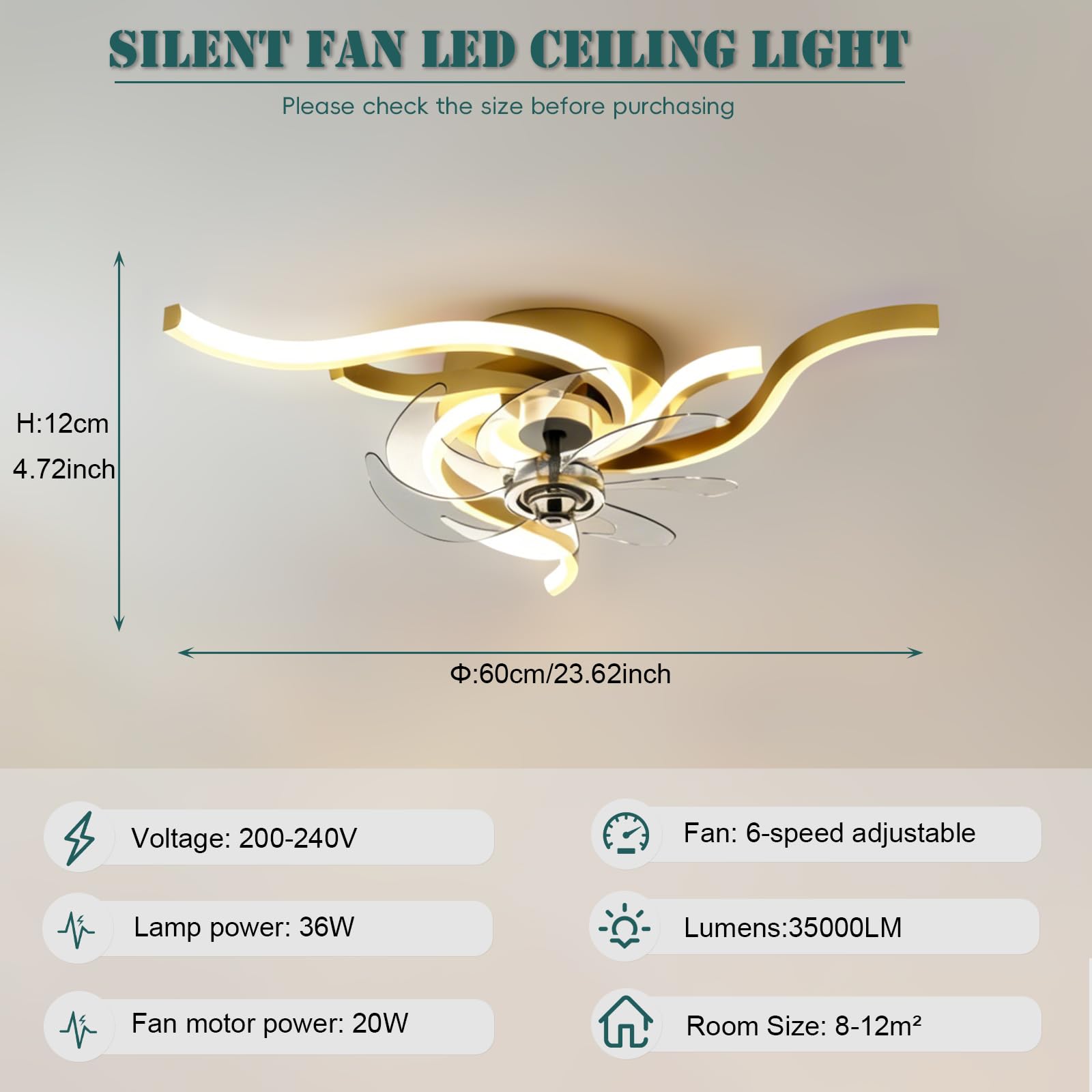 60 cm LED Deckenleuchte mit Ventilator spiralförmig Moderne Dimmbare Deckenventilatoren 6-Speed Lampe mit Ventilator Mit Fernbedienung App Timer Leiser für Schlafzimmer Esszimmer Büro (Gold)