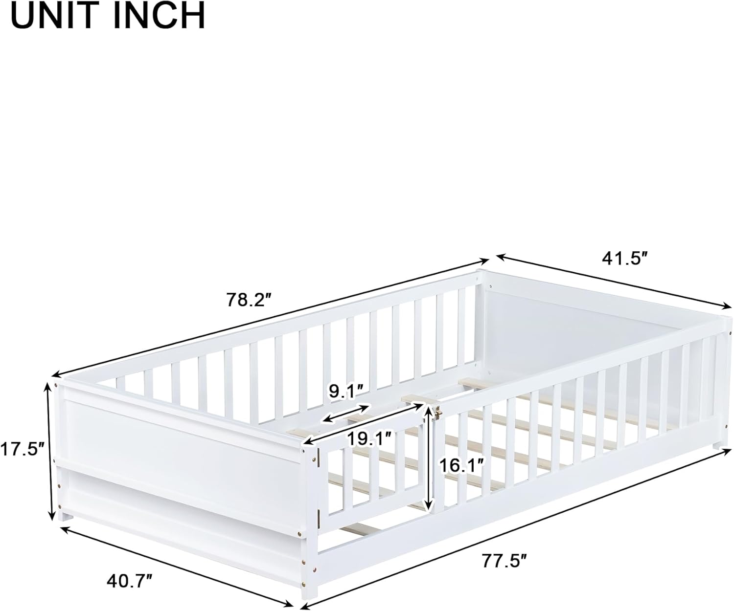 Mirightone Floor Bed with Rails and Door Twin Size, Wood Montessori Floor Bed with Storage Bookcase, Kids Bed Frame with Fence for Boys Girls, White