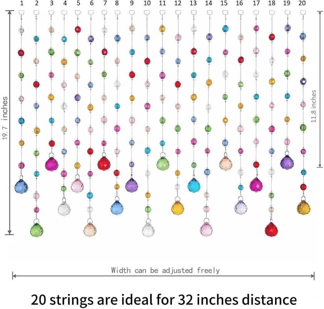 Crystal Beaded Curtain, 20 Strands Acrylic Multicolor String Beads for Doorways and Windows, String Room Divider (Classic Rainbow)