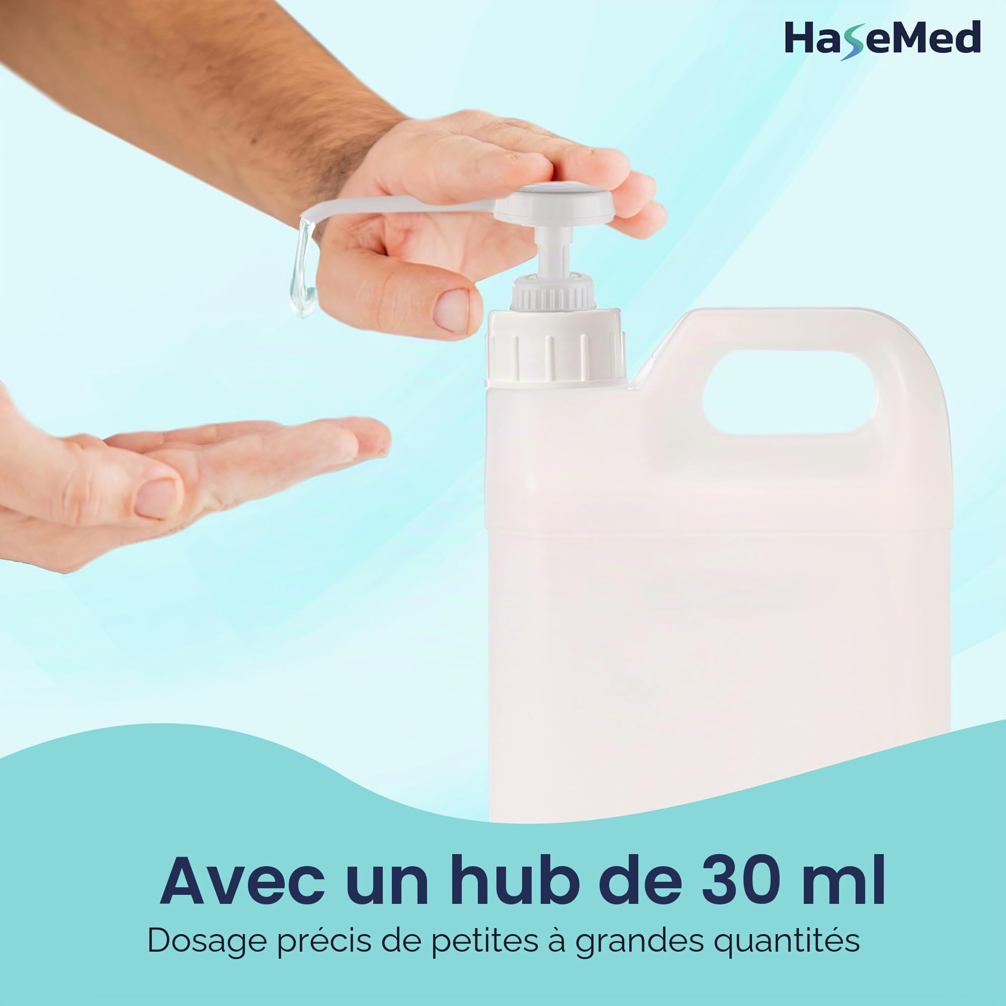 HaseMed Lot de 2 bidons de pompe doseuse - Course de 30 ml - Pour bidons de 2 l, 5 l et 10 l avec filetage DIN 51 - Pompe manuelle pour désinfectant, savon et nettoyant - Réutilisable en plastique