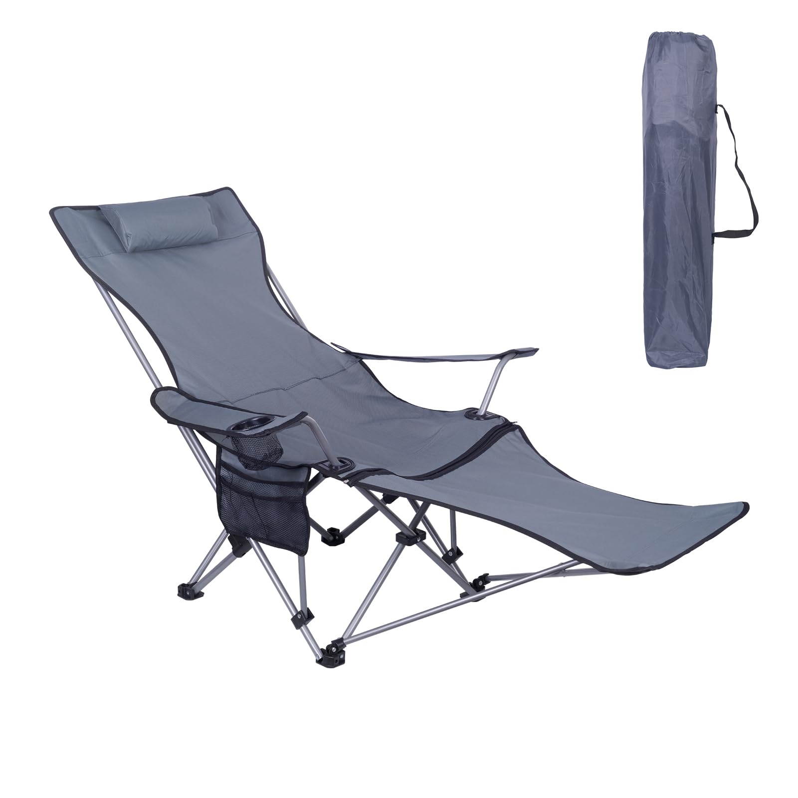 Sedia da Campeggio Portatile Reclinabile, Sedia Pieghevole da Esterno con Poggiapiedi, Poggiatesta e Borsa da Trasporto, Sedia a Sdraio per Spiaggia, Pesca, Giardino (Grigio)