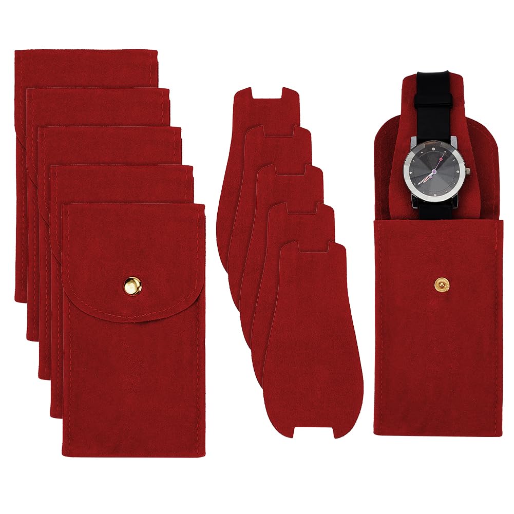 NBEADS 6 Pcs Velvet Watch Pouch, Portable Single Watch Travel Bag with Insert Red Watch Storage Bag Luxury Gift Bag with Snap Button for Jewelry Watch Organizer 5.12x2.76x0.18 Inch