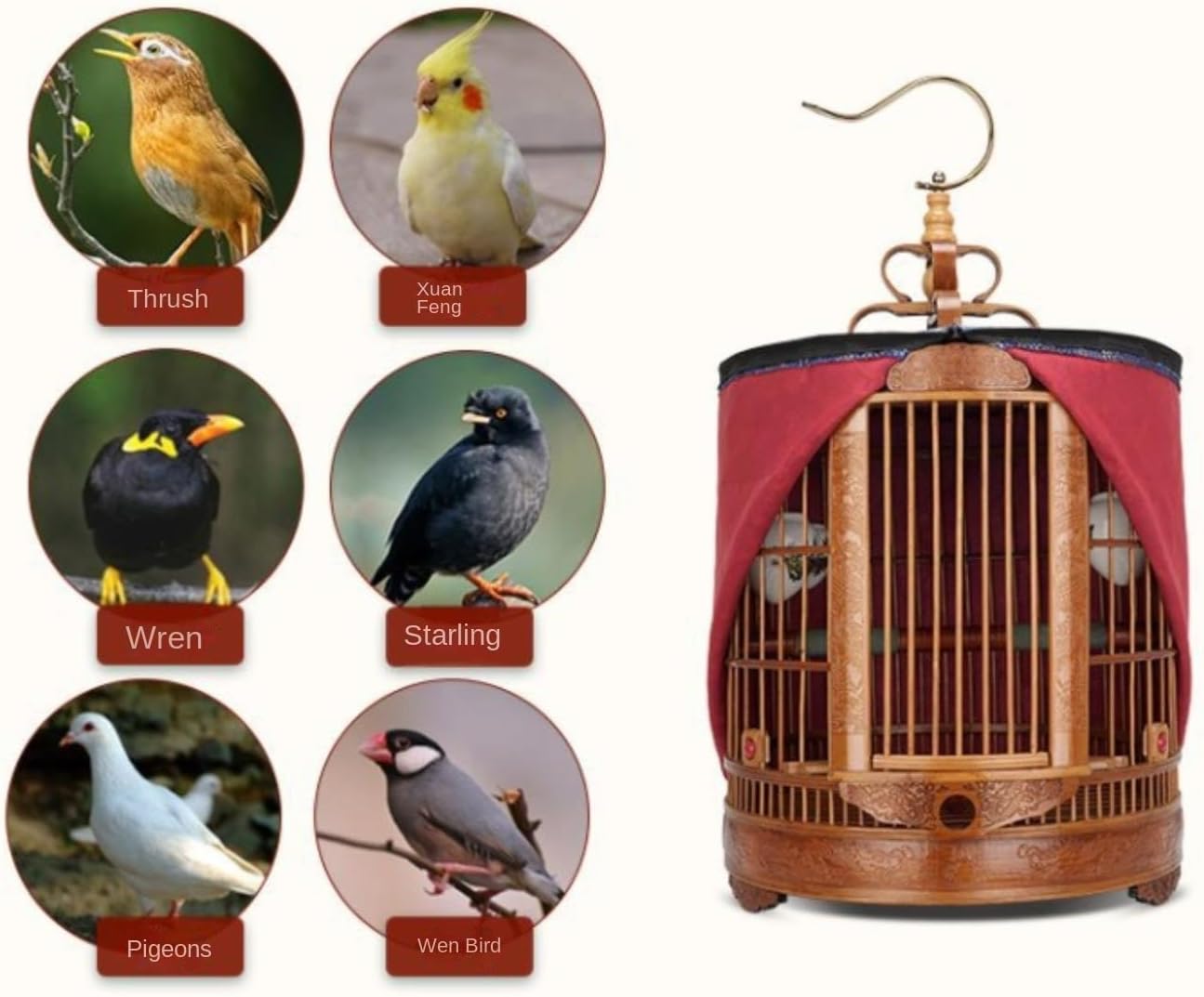 Birdcage Indoor Outdoor Portable Birdcages Creative Carved Birdcage Bamboo Bird Cages Durable Bird Cage Vintage Bird Carriers Flight Cage for Birds(36cm)