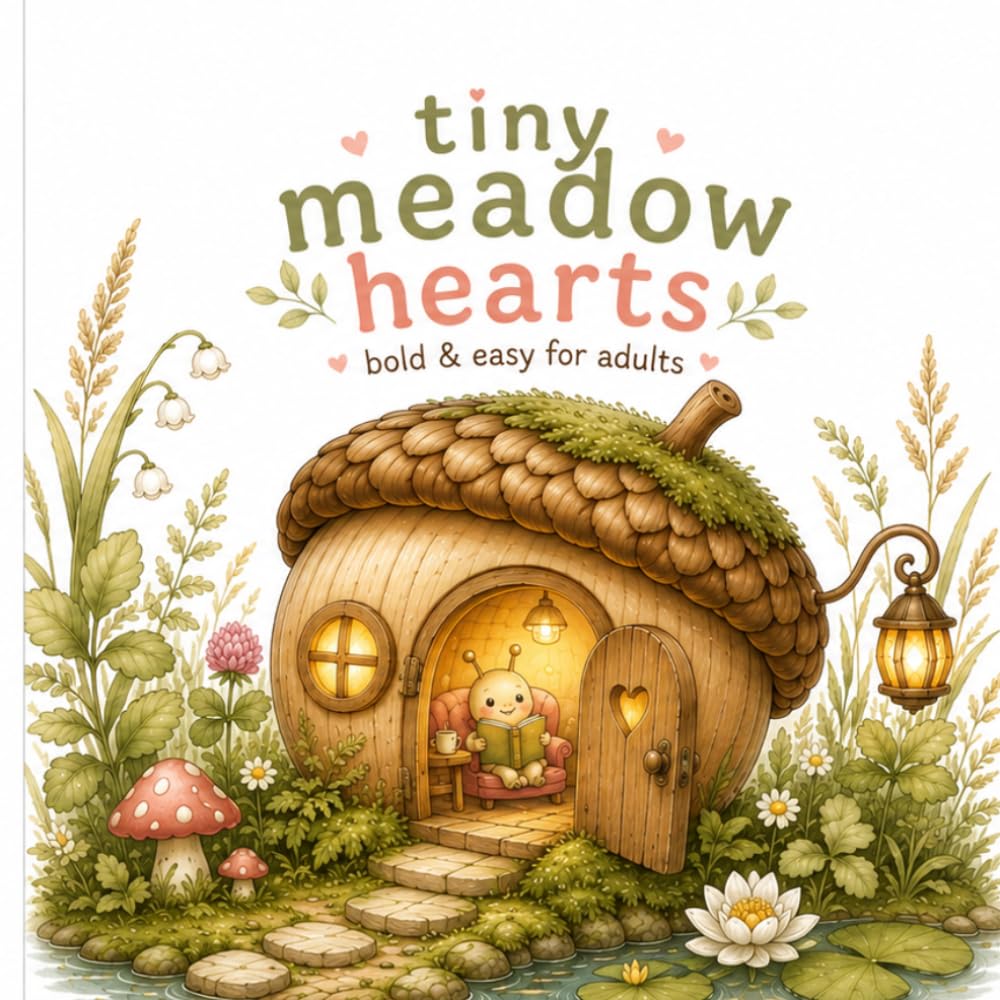 Tiny Meadow Hearts: Bold & Easy Coloring Book for Adults | Cozy Tiny Homes, Cute Meadow Creatures, Whimsical Nature Scenes, Large Print, Single-Sided Pages