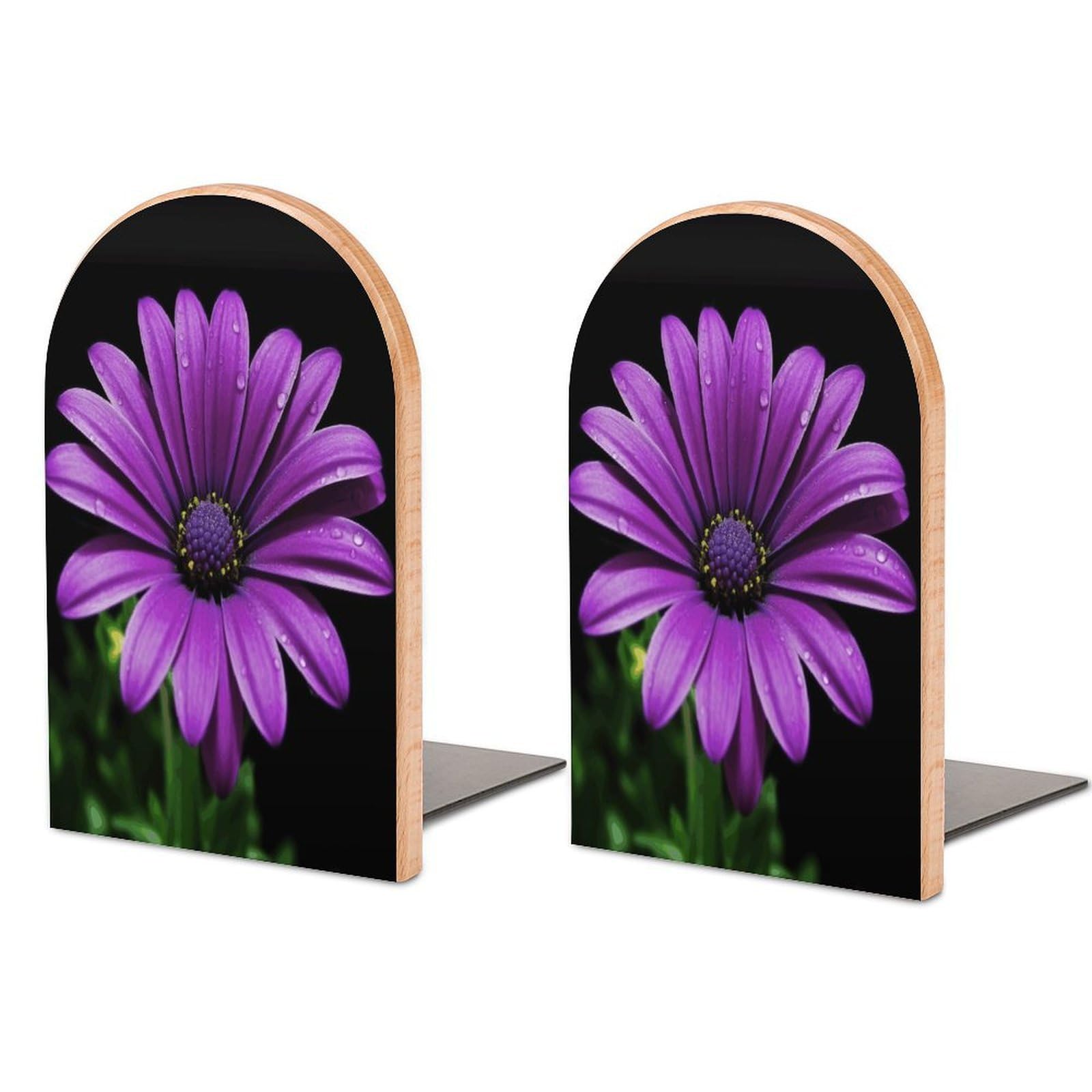 Purple Daisy Bookends Modern Bookends for Shelves Fashion Heavy Duty Book Stopper Sturdy Non-Skid Metal Base Wood Book Ends for Library Home Office 1 Pair