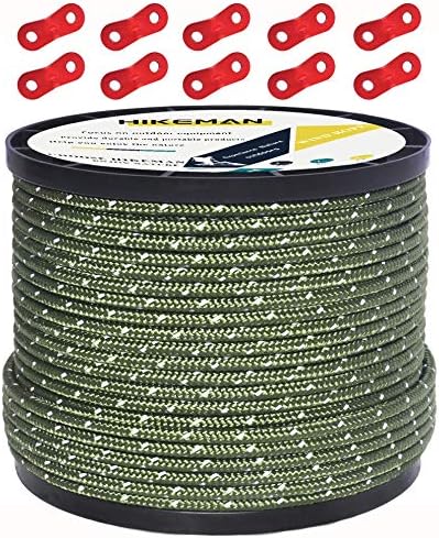 50M Reflective Cord Guy Ropes Outdoor Tent Guide Rope 100% Nylon Cord Wind Line with 10Pcs Aluminum alloy tensioners for Camping (Army green, Diameter 5 mm)