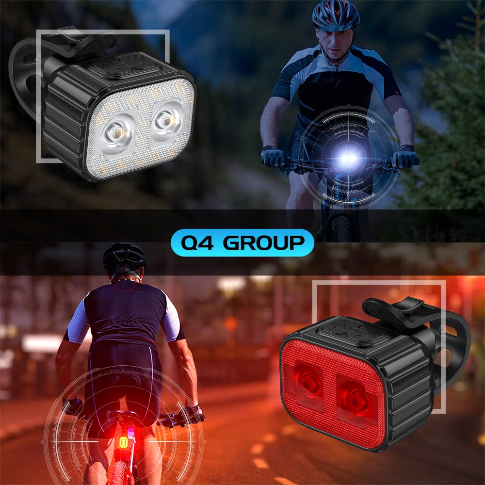TIORU 1 Paio di Luci per Bici Q4 LED Bicicletta Anteriore Posteriore Luce USB Carica Faro Ciclismo Fanale Posteriore Bicicletta Lanterna Accessori per Biciclette Lampade