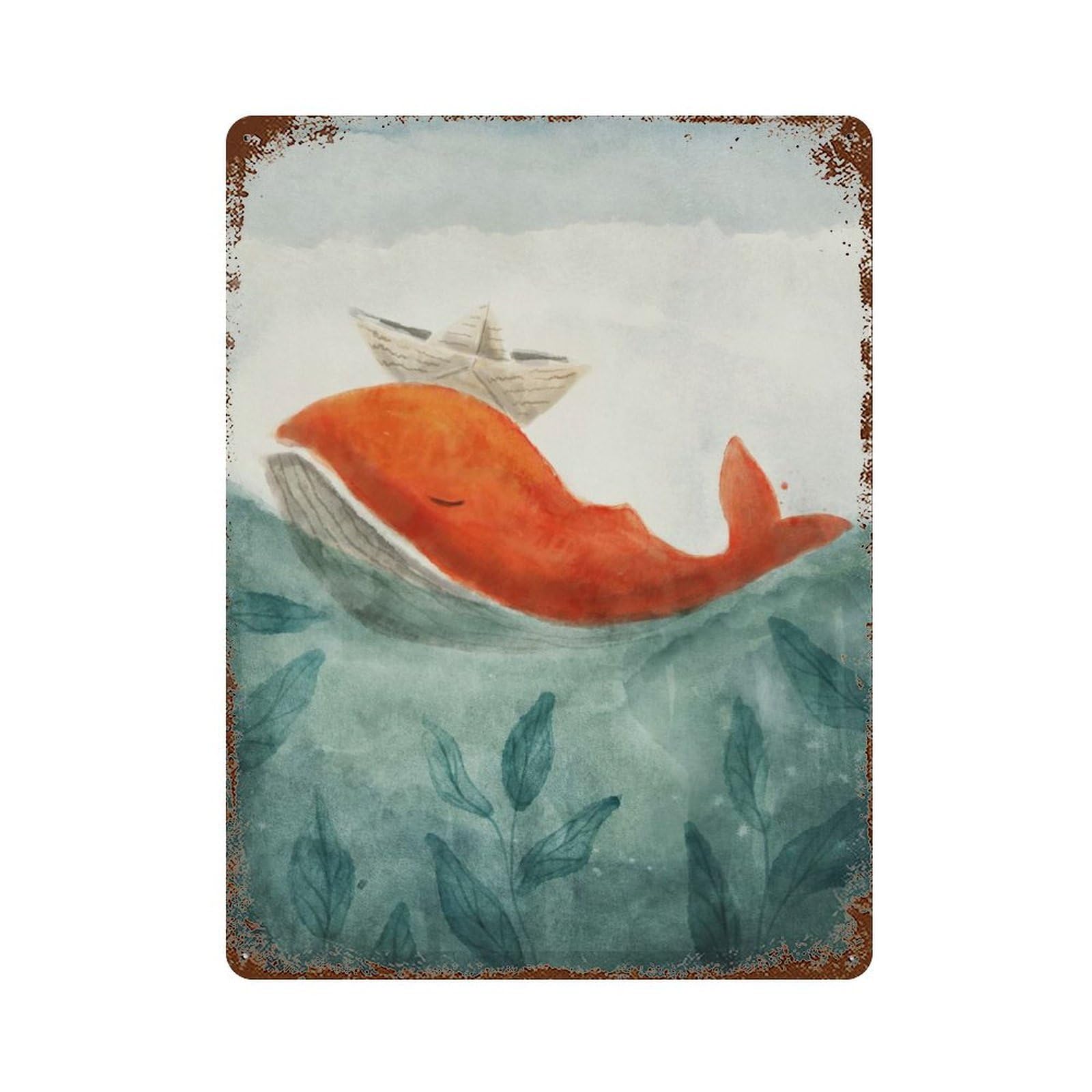 Rust Effect Whale with Paper Boat Rusty Metal Tin Sign 15.7"x11.8", Farmhouse Wall Decor for Shed, Workshop And Garage Wall Decor