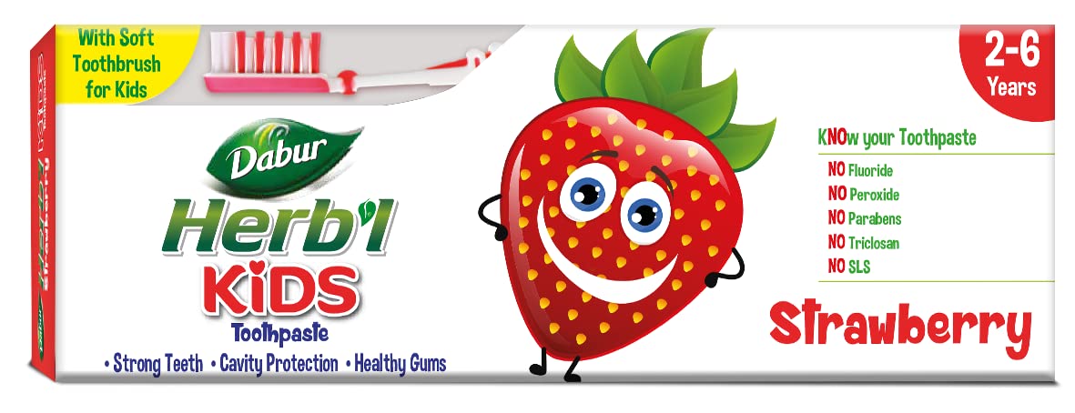 Dabur Herb'l Plus Kids Strawberry Toothpaste 50g | With Soft Toothbrush | For Strong Teeth & Healthy Gums