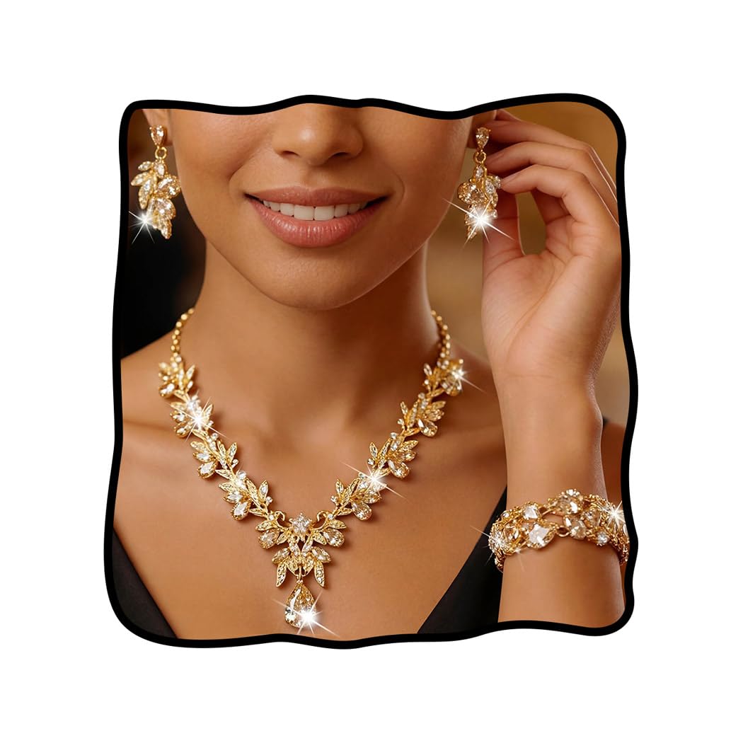 Unicra Gold Jewelry Sets Rhinestone Wedding Necklace Earrings Bracelet Set Prom Formal Indian Costume Jewelry for Women and Brides