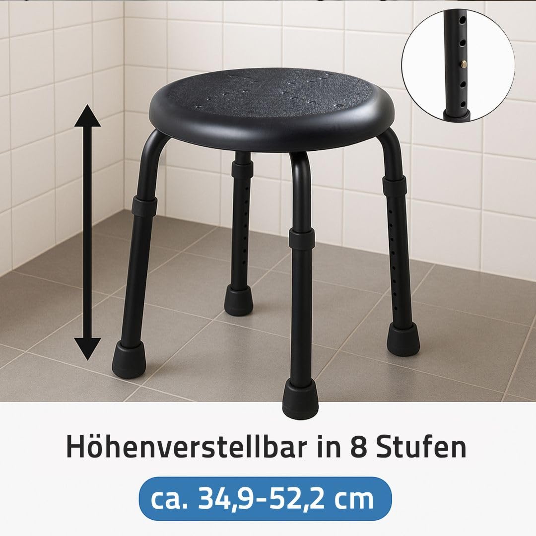 RIDDER – Bad-Hocker Go, Ø 50x34,9-52,5cm, schwarz, Aluminium/PE/TPR | Höhenverstellbarer Duschhocker mit rutschhemmender Sitzfläche. Stabiler Badehocker | Belastbar bis 150kg