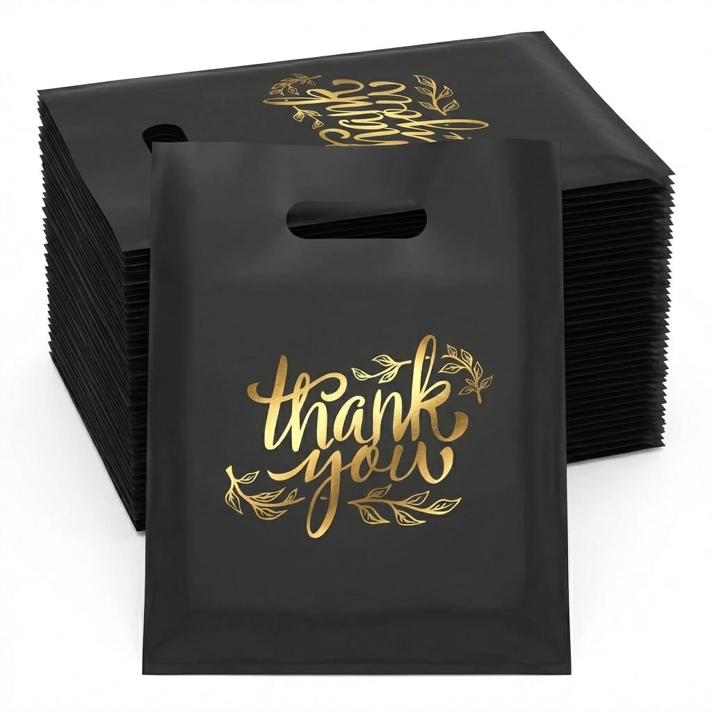 20 × 25 cm 100 Pcs Thank You Gift Bags Set, Black Thank You Bags for Wedding Gift Bag Small Business Retail Shopping, Party Gift Bag with Gold Leaf Design for Packaging Party Candy Cookies Jewelry