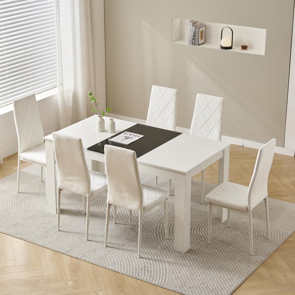 Modern White Dining Room Table and Chairs Set of 4 for Small Space, 5pcs Wood Kitchen Table with 4 Seats Chairs Set for Restaurant Dinette Space-saving (150cm table with 6 white velvet chairs#2)