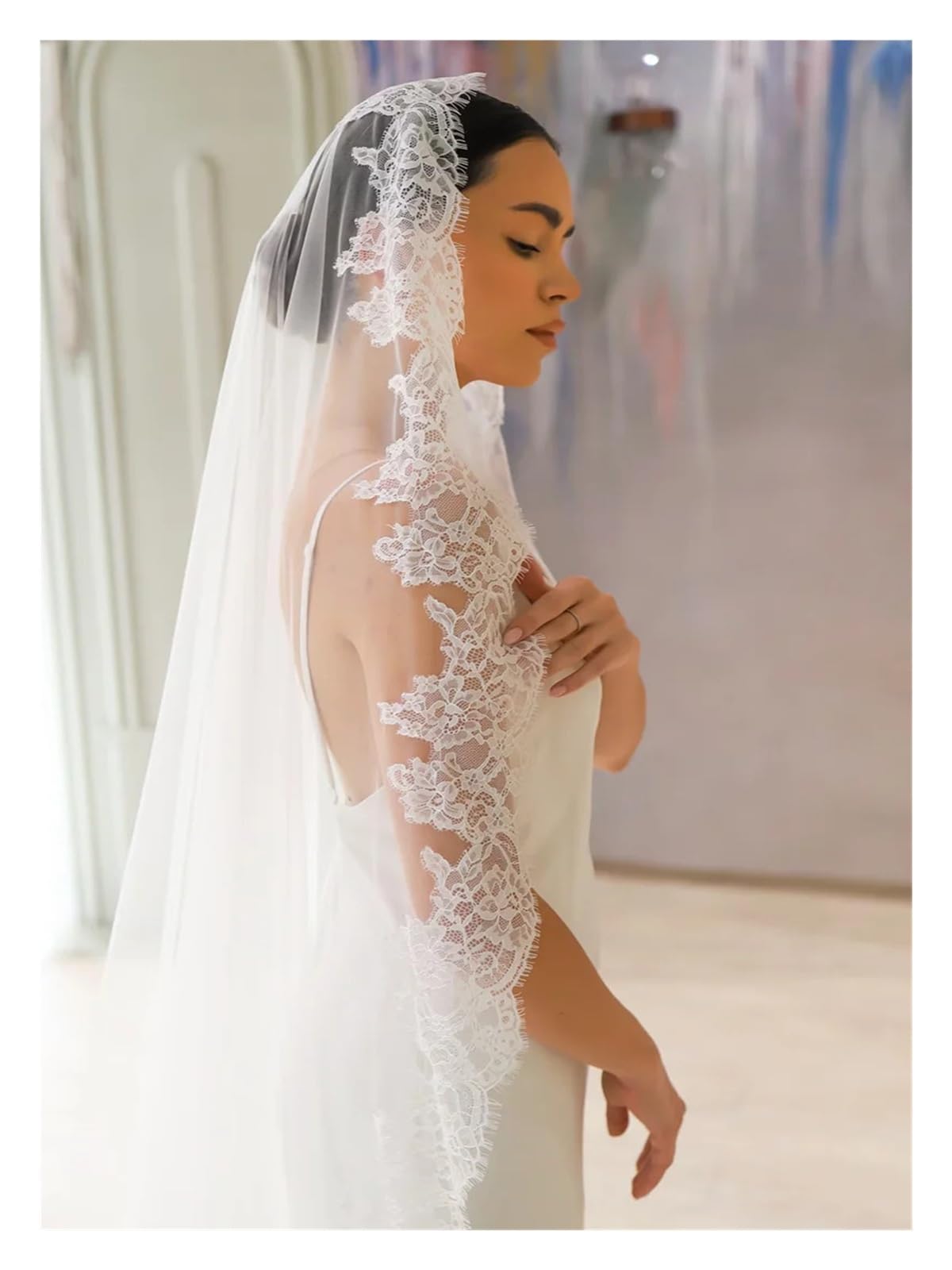 Velo Novia Despedida Soltera Velo de novia una capa con borde encaje largo estilo catedral Velos De Novia Para Boda
