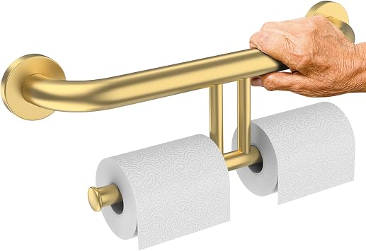 Gold Grab Bar with Double Toilet Paper Roll Holder, Safety Toilet Bars
