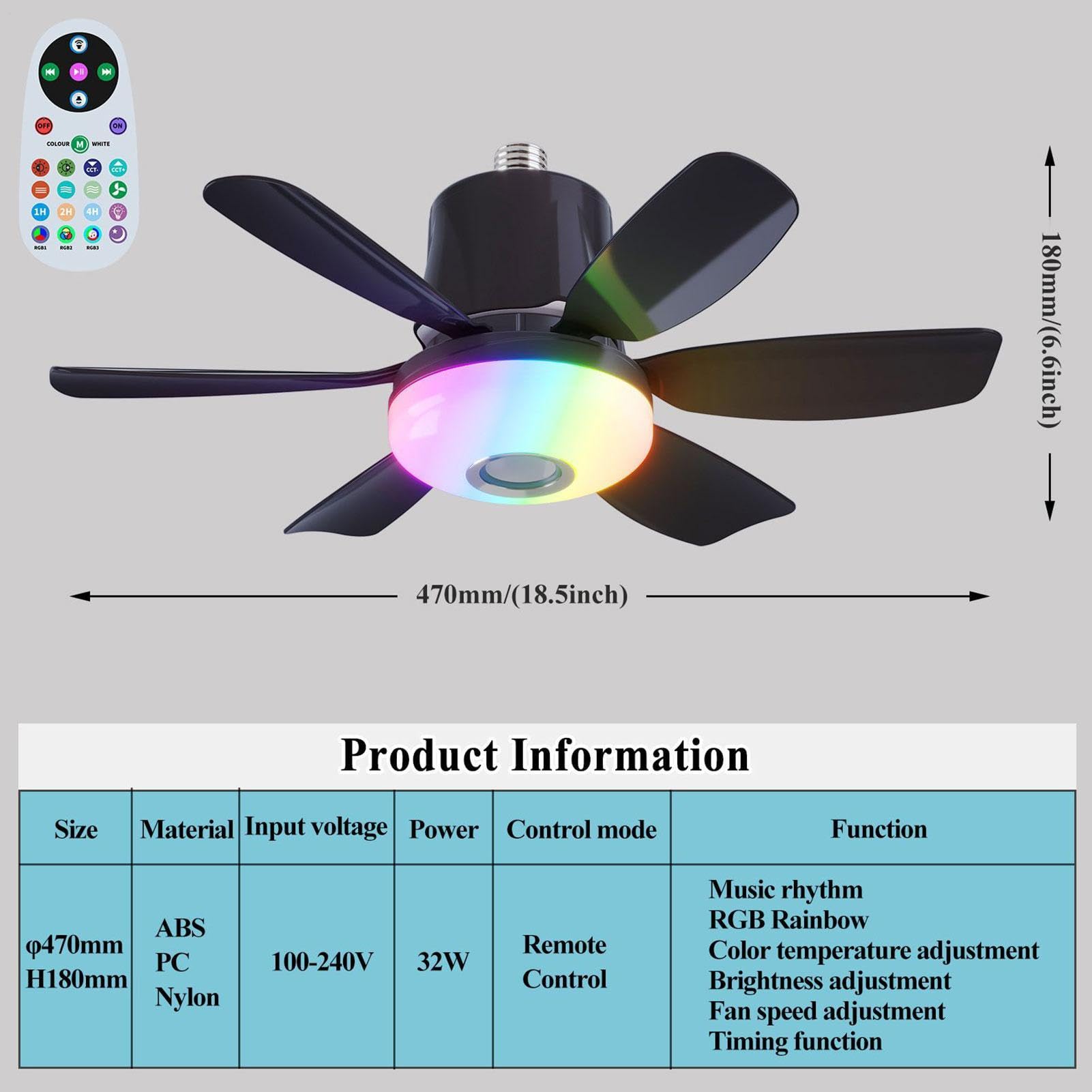 Ventilatore da soffitto con luce, 3 livelli, altoparlante musicale a risparmio energetico | Lampadina ventilatore da soffitto per camera da letto, casa, ufficio, appartamento, camera da letto, soggiorno, cucina
