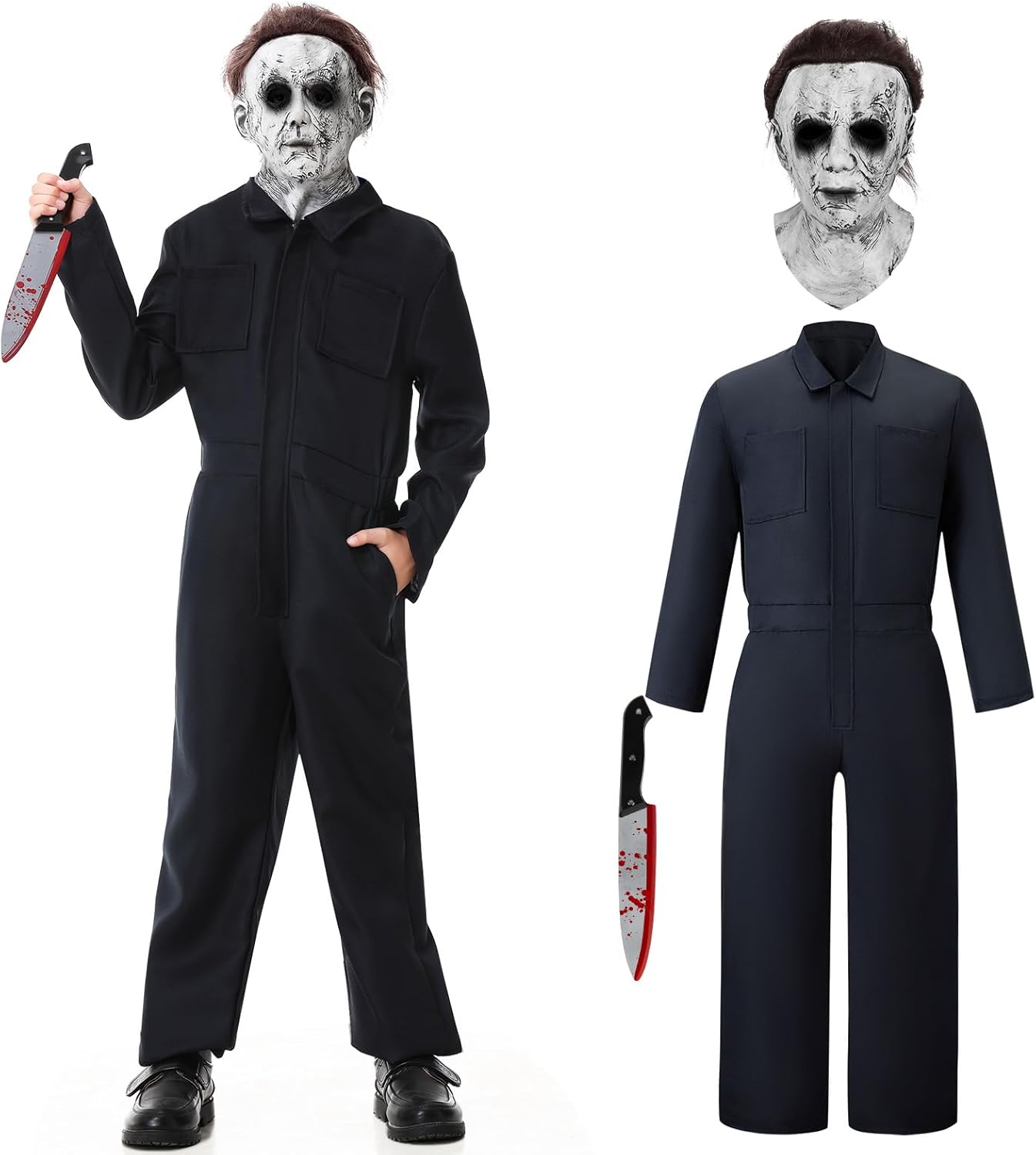Michael Myers Costume for Kids Halloween Horror Killer Jumpsuit Navy Blue Coveralls Blood Knife and Mask