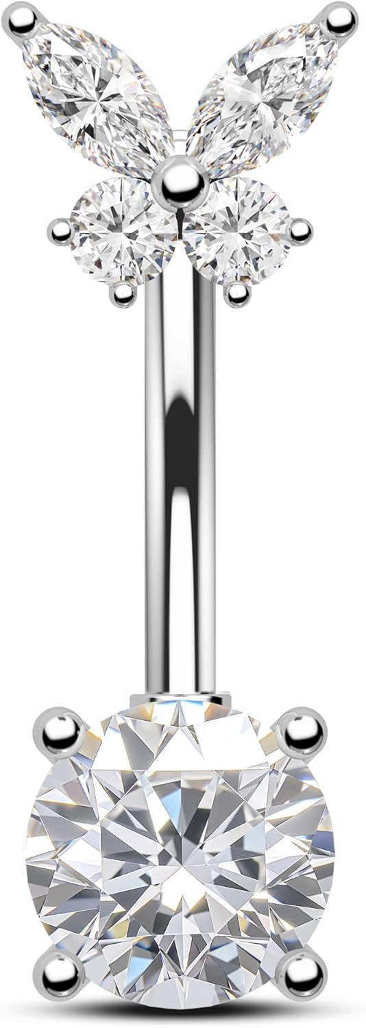 COCHARM 14G Butterfly Belly Button Rings Stud Silver Belly Navel Rings for Women Clear Belly Piercing Jewelry Stainless Steel