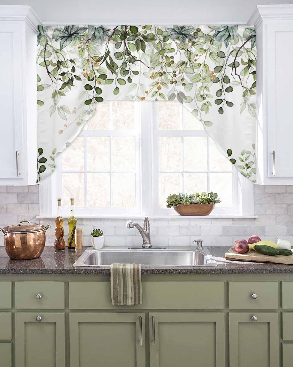Sage Green Eucalyptus Leaves Swag Valances for Kitchen Window, Spring Summer Botanical Small Swag Curtains Drapes for Bedroom Bathroom Over Sink Rod Pocket Window Treatment Decor Valances, 56x36 Inch