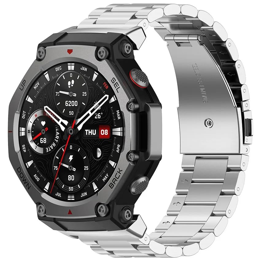 Image of OBOE Stainless Steel Watch Strap 'Compatible with' Amazfit T-Rex 3 Watch Sports Watch Band (Silver)