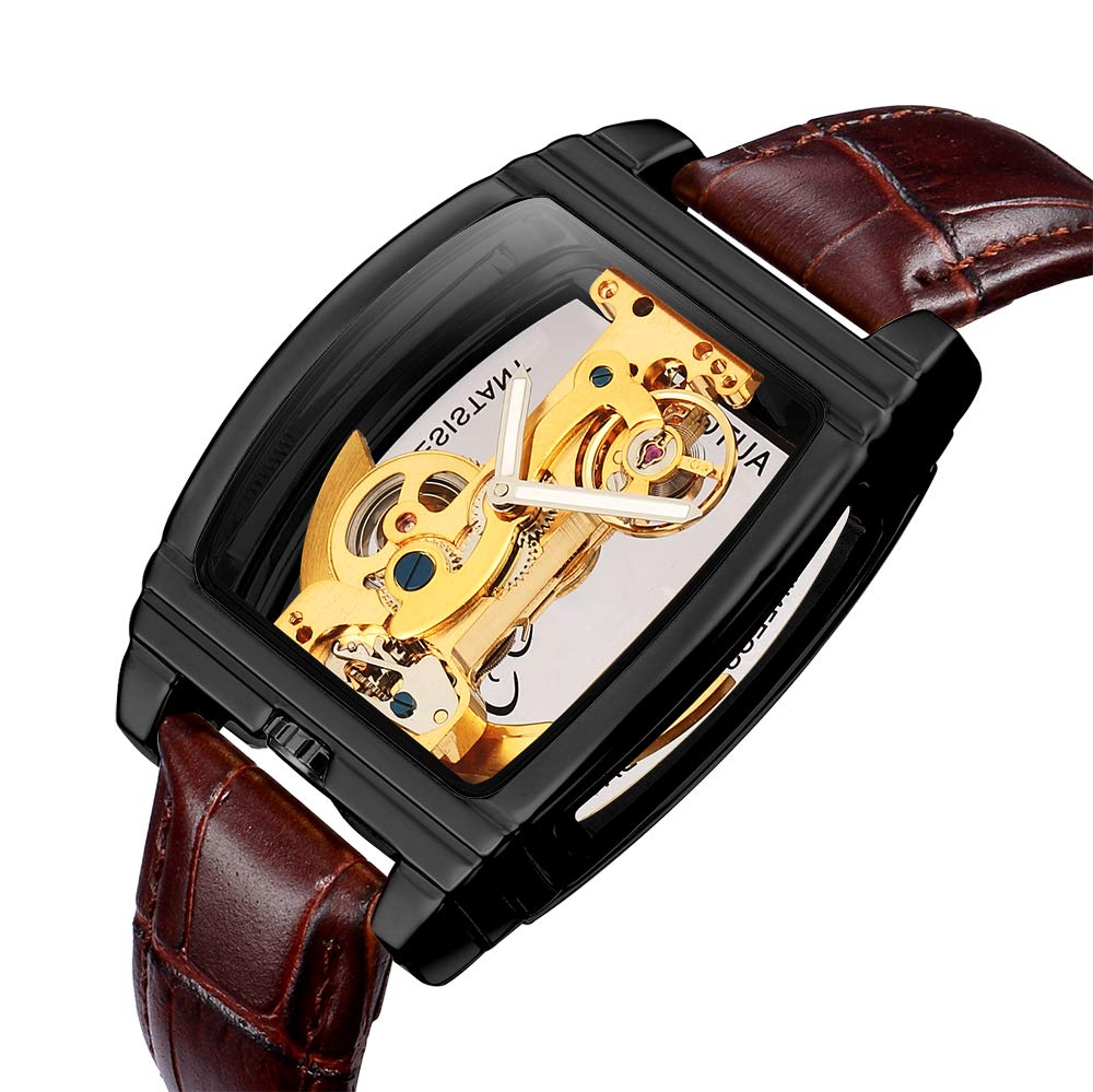Reloj mecánico automático transparente para hombre, diseño de esqueleto steampunk, correa de cuero, reloj masculino montre Homme, Marrón y negro, Correa