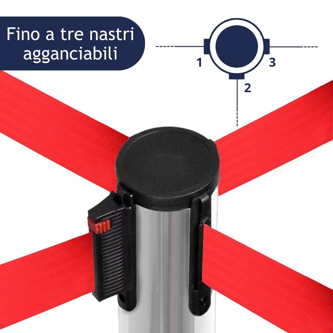 Danieli - Colonnina Segnapercorso con Nastro Estensibile Fino a 3 Metri. Acciaio Cromato Lucido, Base Conica (Rosso)