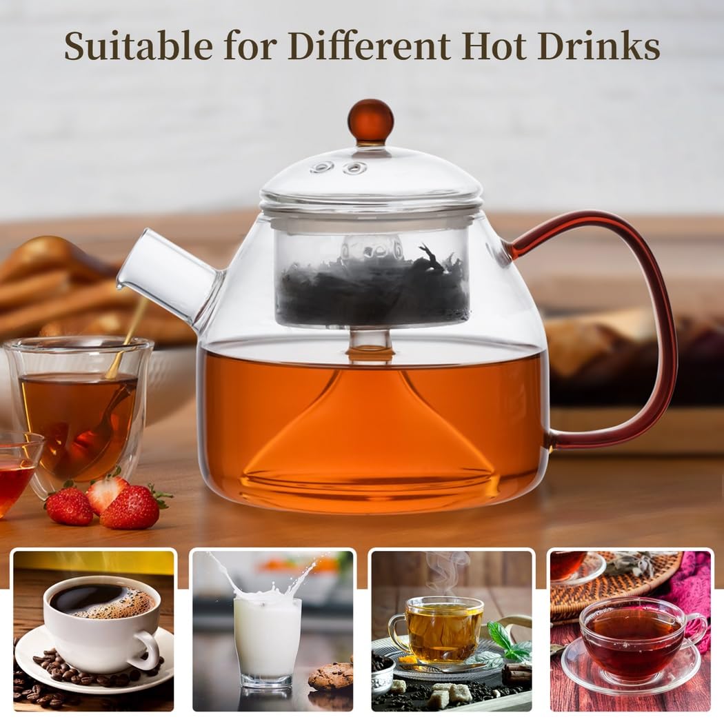 Glasteekanne, 1200 ml, für Herd und Mikrowelle geeignet, aus 2 mm Borosilikatglas, mit herausnehmbarem Edelstahl-Teesieb, großem Griff, tropffreiem Ausguss, für Blooming Tea und losen Tee