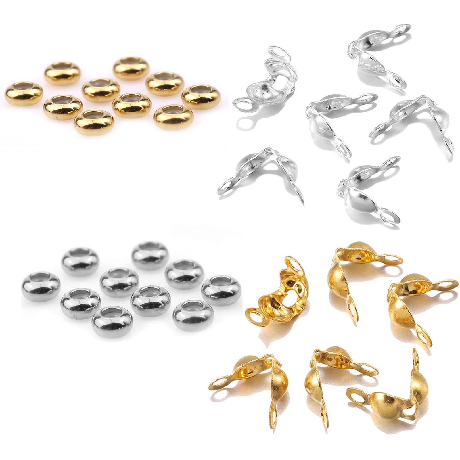 【BEAUTY PLAYER】ボールチップ カシメ玉(つぶし玉) 付き 玉約mm ヒモ留め ハンドメイド アクセサリー パーツ ビーズ 手芸材料 ジュエリー DIY用 (金+銀)