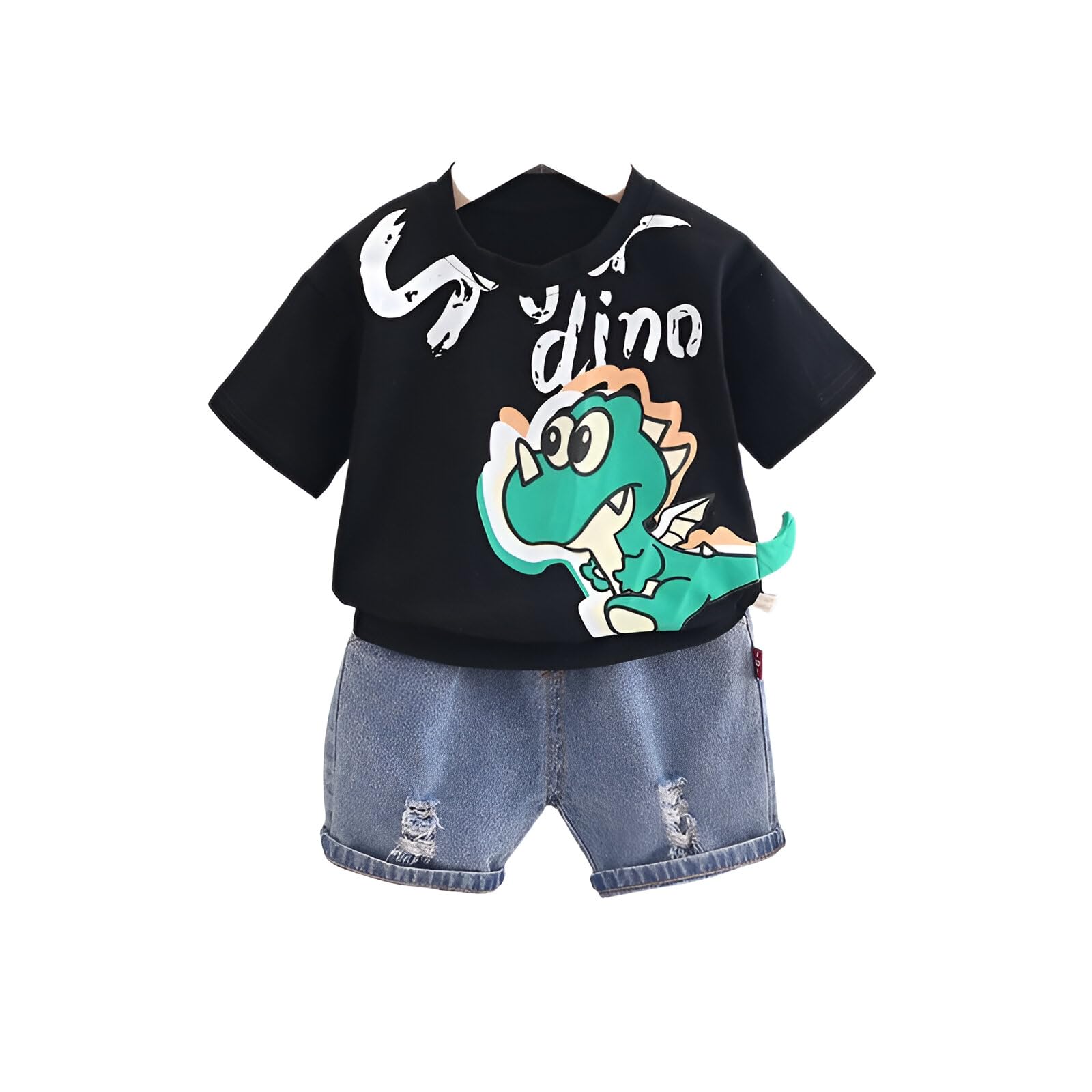 googo gaaga Cotton T-shirt with Bottom Folded Denim Shorts — Clothing Set for Baby Boys | Toddlers | Half Sleeves | Cute Dinosaur Cartoon Printed | Round Neck | Dress for Kids-picture-32