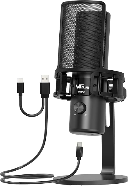 VeGue USB Condenser Microphone, Cardioid Studio Mic All Metal with Gain Control & Headphone Output for Gaming, Recording, Podcasting, Chatting Compatible with MAC PC Laptop or Windows Desktop, VM50