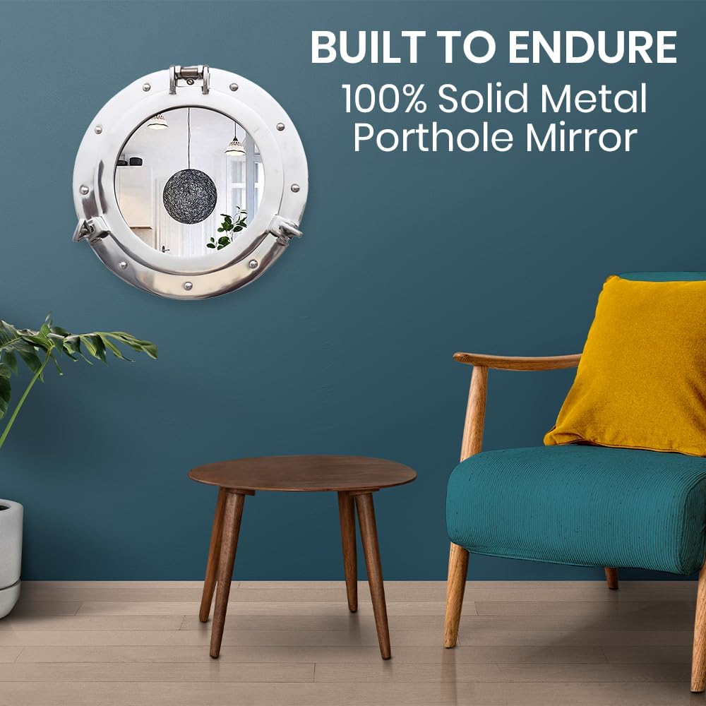 The Metal Magician 12inch Nautical Decor Porthole Wall Mirror, Polished Aluminum, Mirror for Home, Pirate Decor, Shipwrecked Victorian