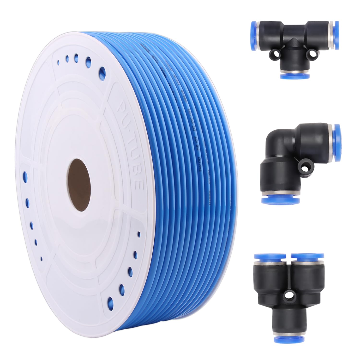 DERPIPE Polyurethane PU Tubing 8mm OD x 5mm ID Pneumatic Hose Blue Polyurethane PU Tubing Air Compressor Pipe 100 Meter (328ft) With Elbow 28 pcs +