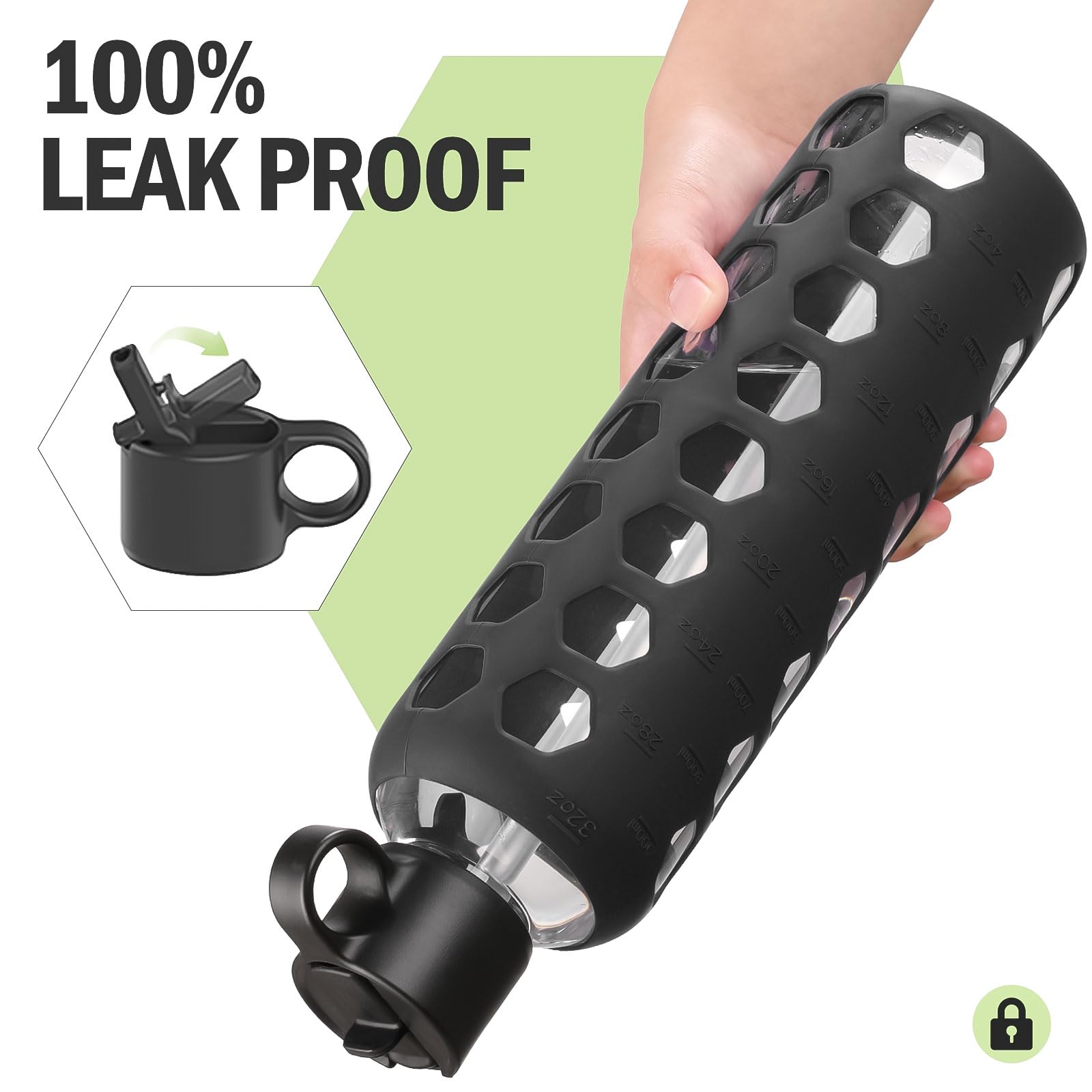 BLUEGO Borracce in vetro, 900ml Bicchiere in vetro, Bottiglie per bere con 2 coperchi, Bottiglia per l'acqua sportiva con custodia in silicone, A prova di perdite, Nero