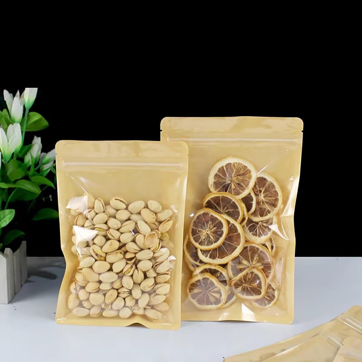 100 Bolsas De Almacenamiento De Alimentos con Cierre Hermético Frontal Transparente, Bolsas De Papel Kraft Resellables, Bolsas De Papel Marrón Autosellantes para Té Y Café, 16cm x 24cm