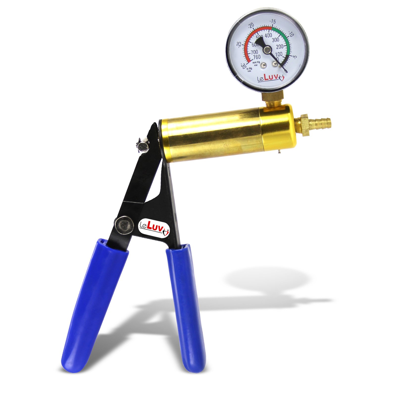 LeLuv Ultima Vacuum Pump Handle - Brass Chamber with Blue Padded Rubber Grips - Gauge Installed