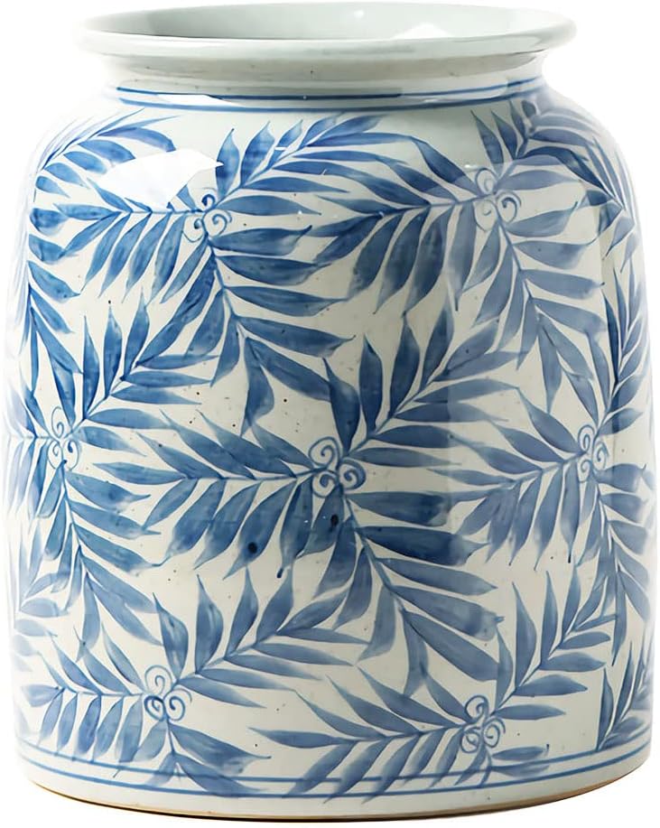 Blue and White Ceramic Flower Vase,Blue and White Porcelain Ginger Jar Vases,Chinoiserie Vase for Home Decor, Office Decor,Table Centerpieces(vase only),Olive Leaf