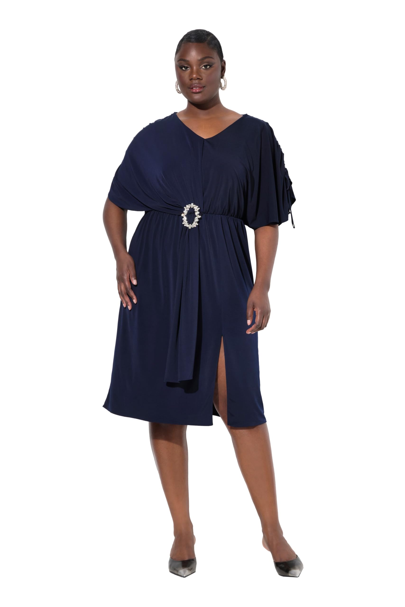Ulla Popken Damen große Größen Übergrößen Plus Size Midikleid, drapiert, Oversized, V-Ausschnitt, Halbarm 837906