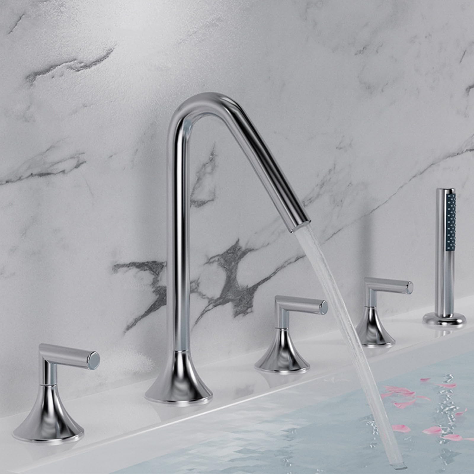 BHGFYXBS Bath Shower Mixer Tap Gold Bathtub Hand Shower Tap Set Bathroom 5 Hole Tub Mixer Faucets 360 Degree Rotating Bath Taps,Chrome