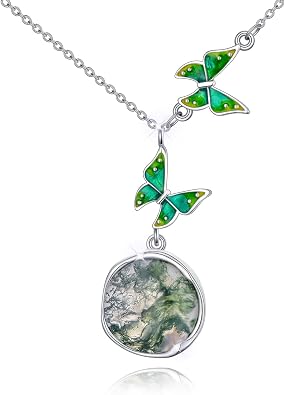 Butterfly Necklace Natural Moss Agate Necklace for Women Sterling Silver Butterfly Moss Agate Pendant Round Anniversary Birthday Mothers Day for Wife Mom