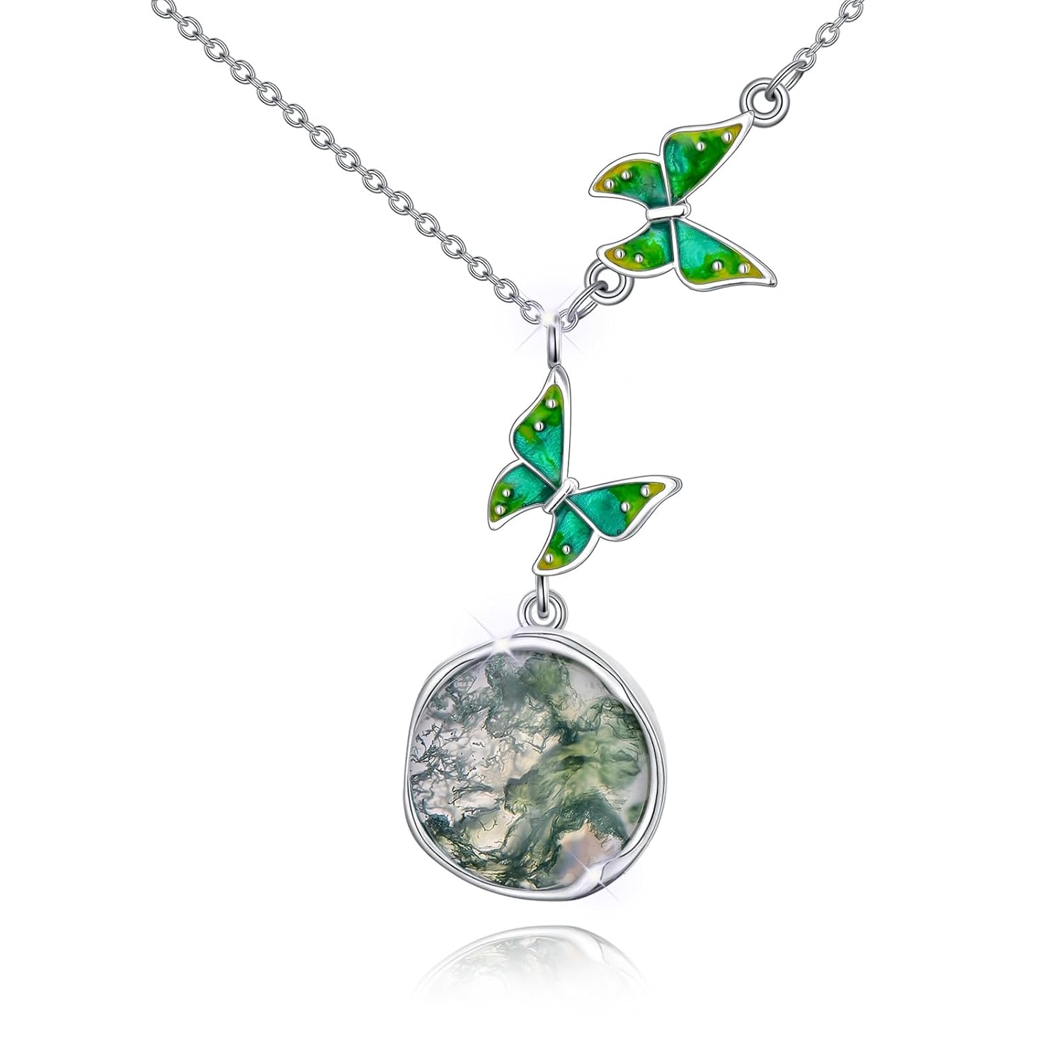 Butterfly Necklace Natural Moss Agate Necklace for Women Sterling Silver Butterfly Moss Agate Pendant Round Anniversary Birthday Mother's Day for Wife Mom