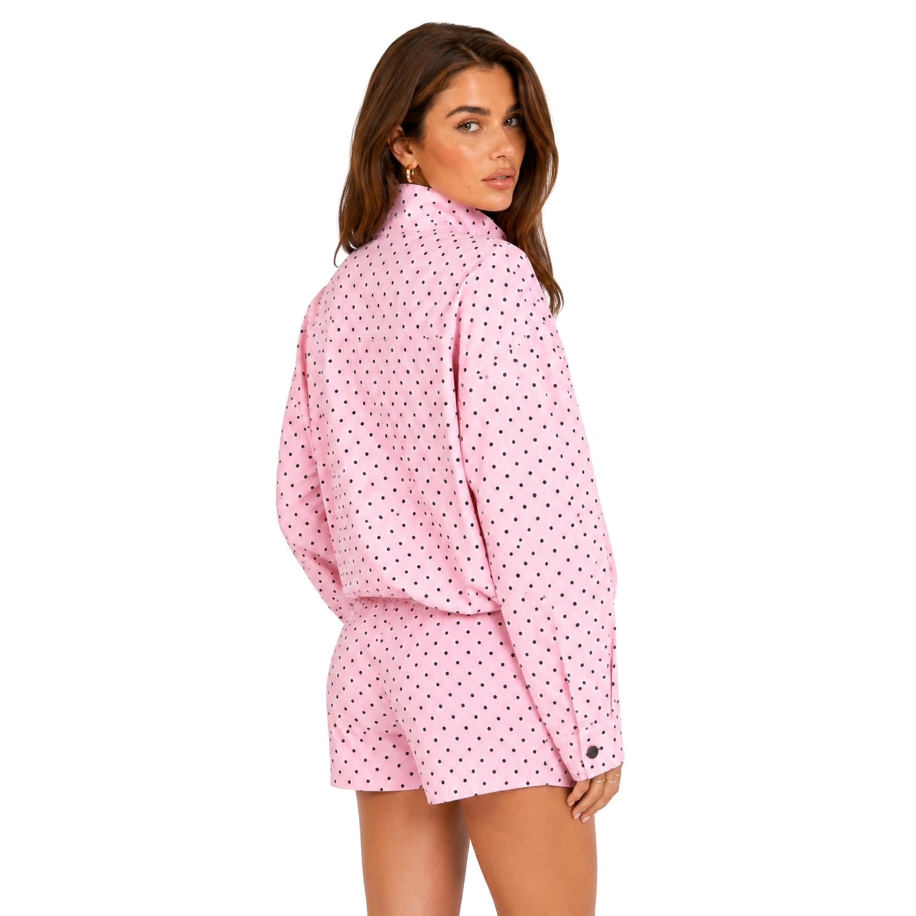 janisramone® Letni dres damski pełny zestaw, kurtka z wysokim dekoltem w kropki z pasującymi szortami damskie zestawy odzieży wypoczynkowej, zebrane rękawy mankietowe top i szorty dwuczęściowy strój