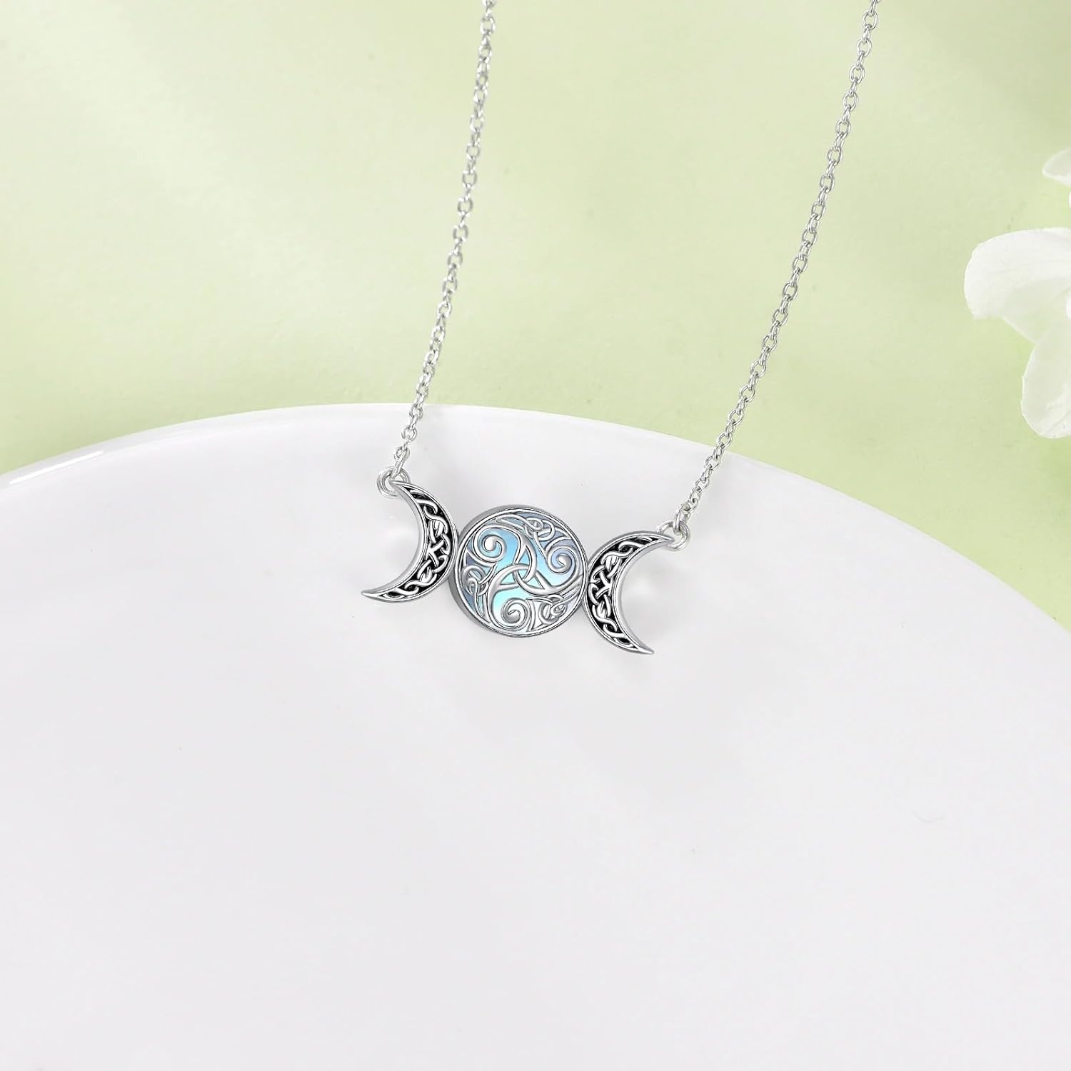 LUHE Triple Moon Goddess Necklace for Women Sterling Silver Celtic Spiral Knot Triple Moon Pendant with Simulated Moonstone Jewelry Gift for Her - Image 6