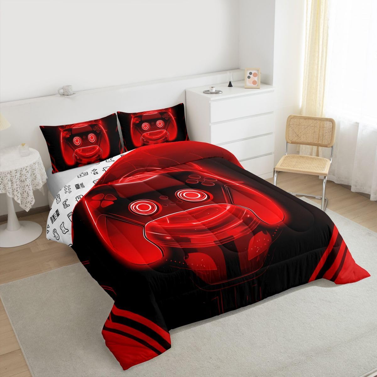 Feelyou Kids Red Gamer Duvet Insert Full Size, Gaming Comforter Set Boys Girls Modern Game Bedding Set Teens Bedroom Decor Microfiber Bed Set image 3