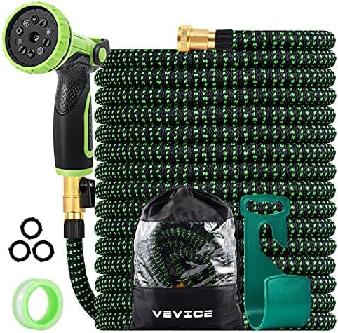 100 ft Expandable Garden Hose with 10 Function Nozzle, VEVICE Lightweight & No-Kink Flexible Water Hoses with Durable 3750D Fabric, 3/4″ Solid Fittings, Storage Bag, Waterhose Holder for Outside Home