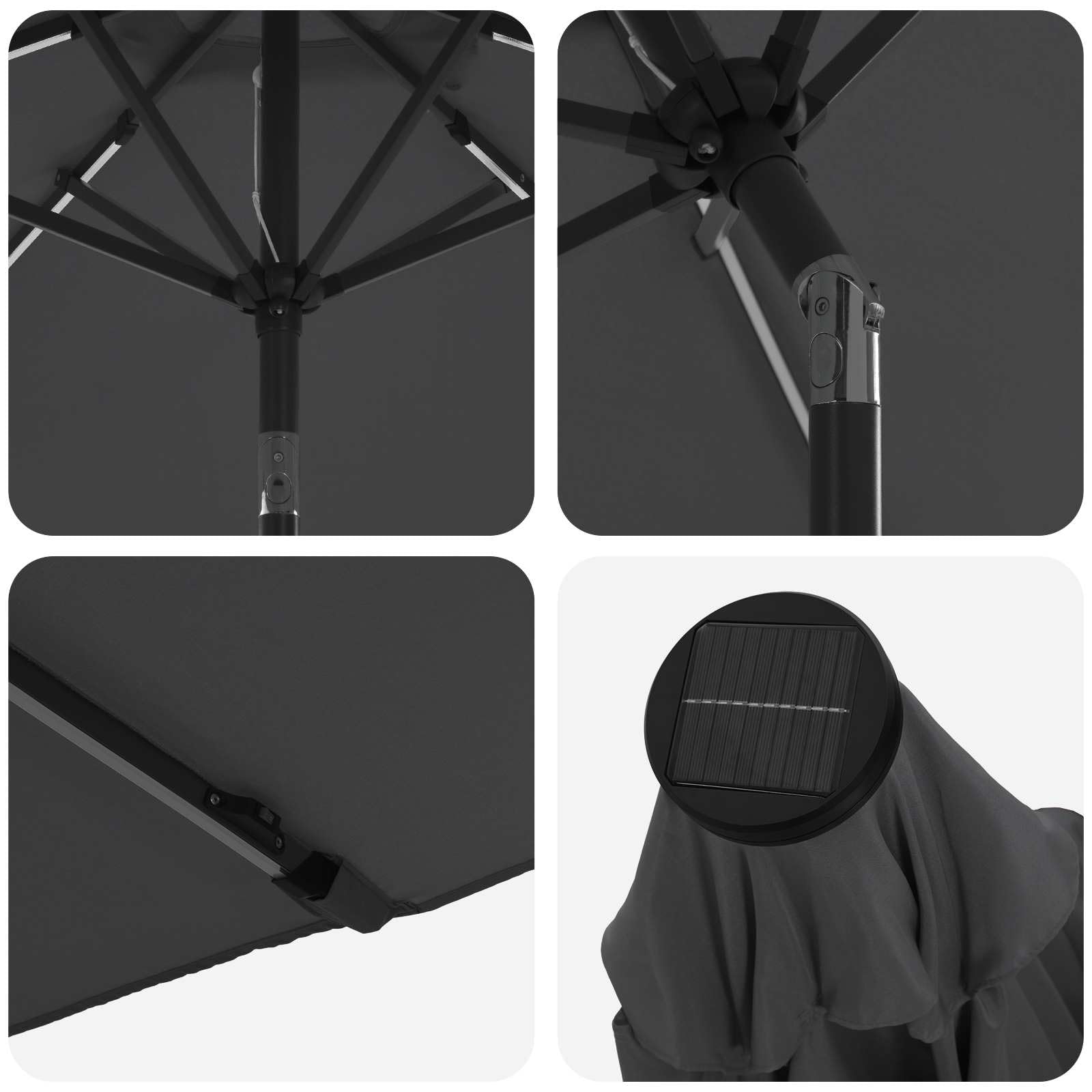 Parasol de jardín con luces LED y base estable de 230 x 230 cm para patio y jardín, protección UV, iluminación solar, función de inclinación, resistente a la intemperie, antracita