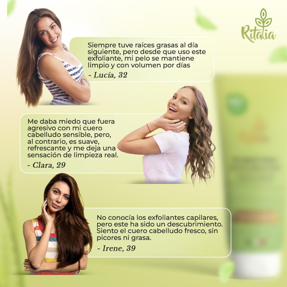 Ritalia® EXFOLIANTE CAPILAR Grande 250ml BIO sin sulfatos ni parabenos, Exfoliante cuero cabelludo SCALP SCRUB cabello graso o seco Micro peeling capilar desintoxica purifica y reequilibra