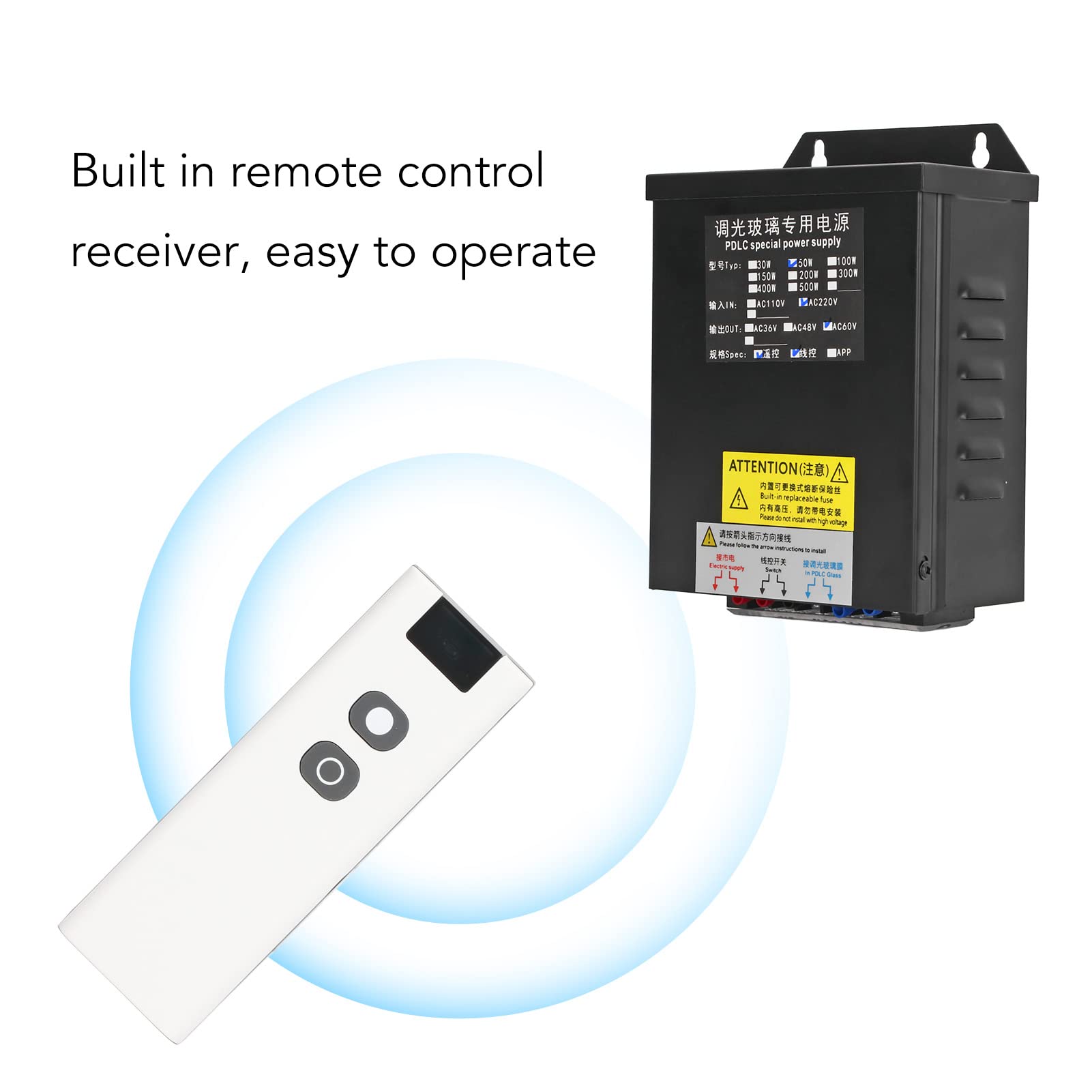 Alimentation intelligente 50 W pour verre PDLC avec sortie AC60 V, 315 MHz, télécommande, matériau en alliage d'acier, haute efficacité, performance sûre, application polyvalente
